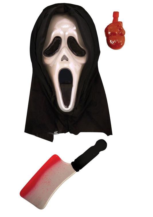 Bleeding Spooky Plastic Scream Mask with Blood Effect and Fake Bloodied Cleaver Weapon Prop - Halloween Horror Fancy Dress Set - Labreeze