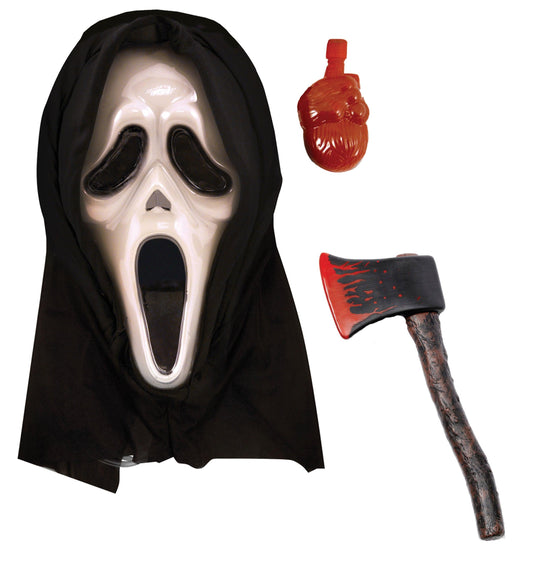 Bleeding Spooky Plastic Scream Mask with Blood Effect and Fake Bloody Axe - Halloween Horror Scream Fancy Dress Set - Labreeze