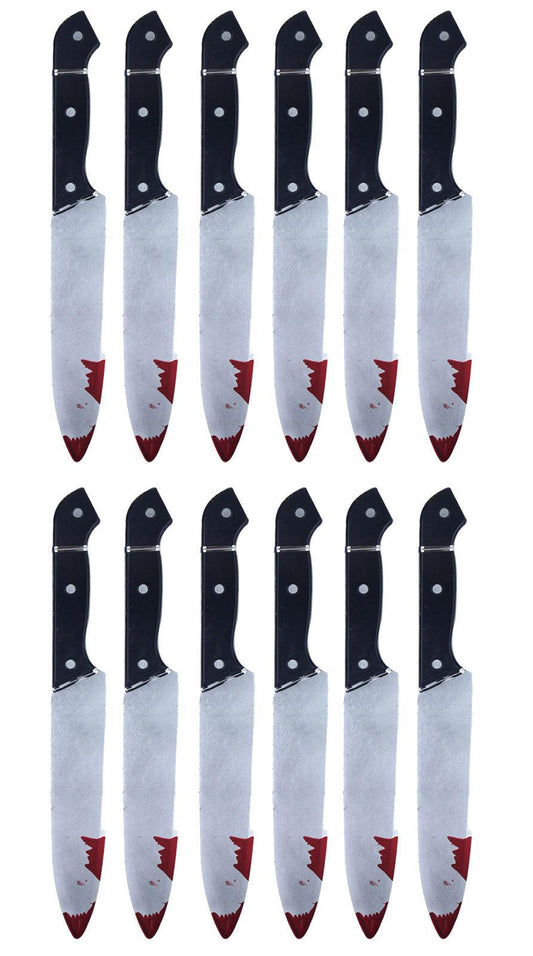 Bundle of 12 Realistic Bloodied Plastic Knife Weapon Props - 31 cm Halloween Horror Killer Party Fancy Dress Costume Accessories - Labreeze