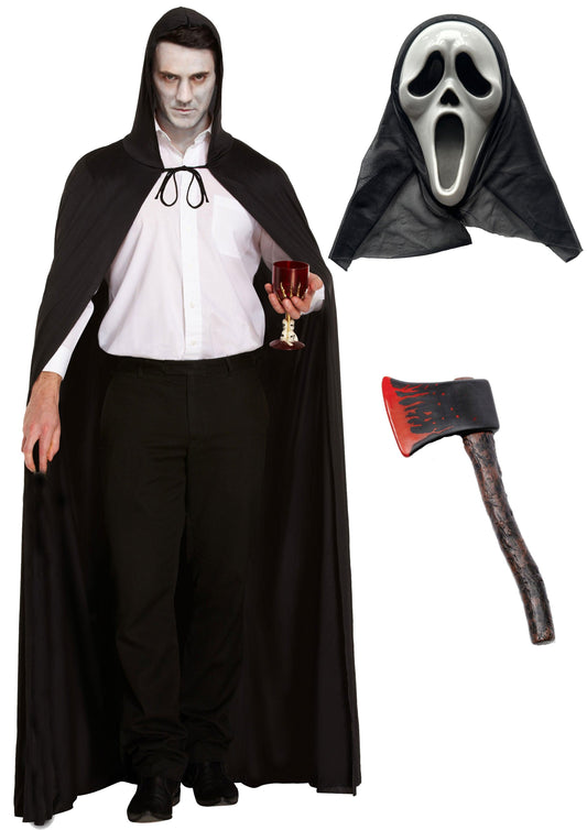 Chilling Horror Costume Set: Long Black Cape, Scream Ghost Killer Mask, and Bloody Axe Prop - Labreeze