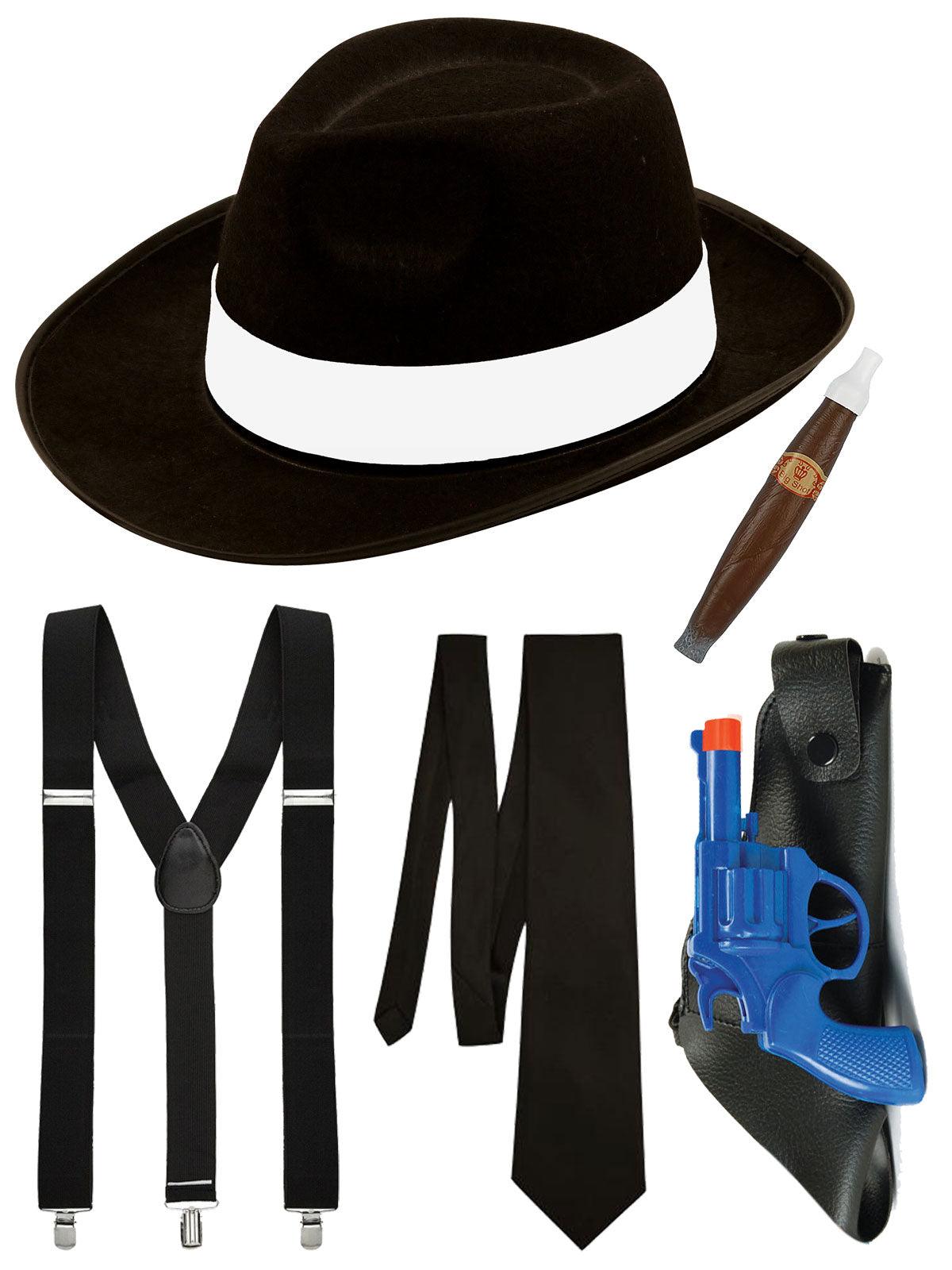 Complete Black Gangster Costume Set - Trilby Hat Braces Neck Tie Cigar and Shoulder Holster with Toy Gun - Labreeze