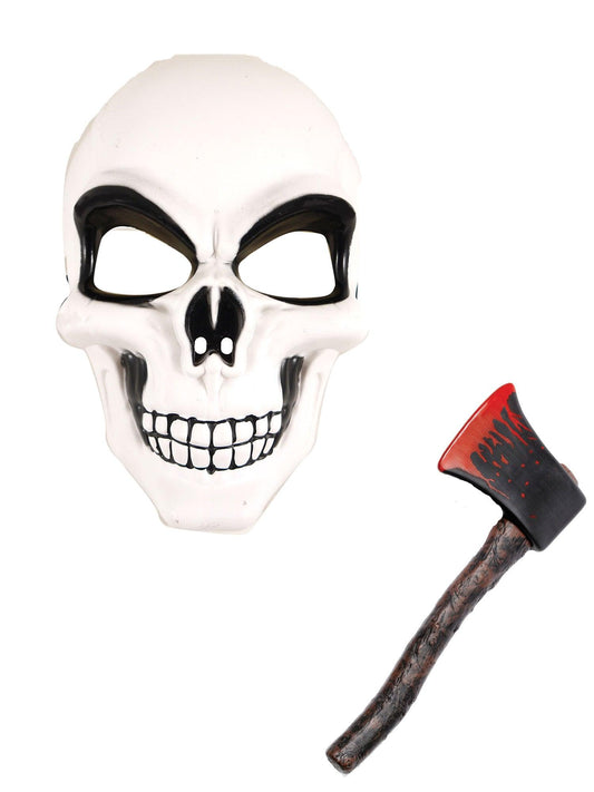 Day of the Dead Costume Set: Adults White Skeleton Face Mask and Fake Bloody Axe - Labreeze