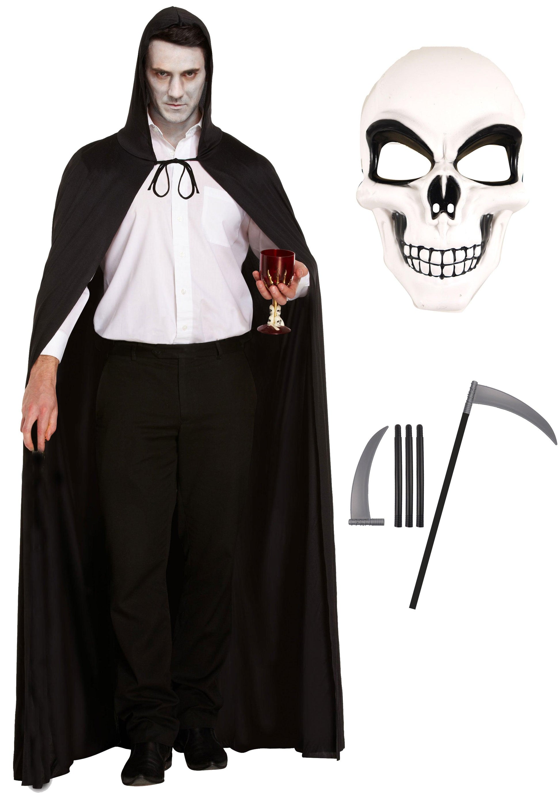 Eerie Nightmarescape Costume Set: Long Black Cape, Hood, White Skeleton Face Mask, and Plastic Scythe - Labreeze