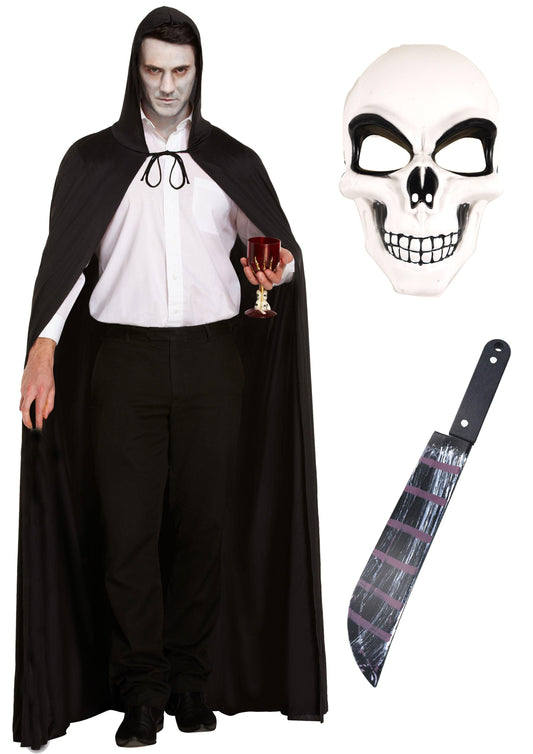 Eerie Nightmarescape Costume Set: Long Black Cape, Hood, White Skeleton Mask, and Fake Blooded Machete Prop - Labreeze