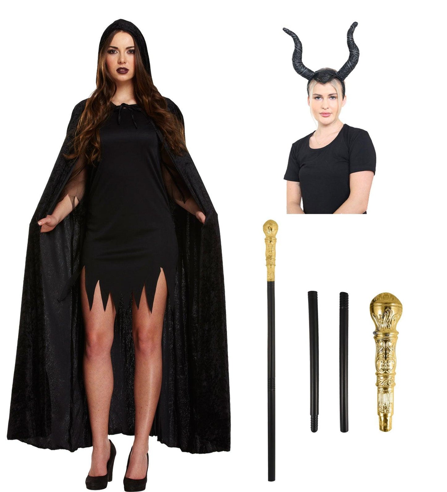 Elegant Black Velvet Hooded Cape, Fairytale Witch Horns Headband & Gold Pimp Cane Halloween Witch Costume Set. - Labreeze