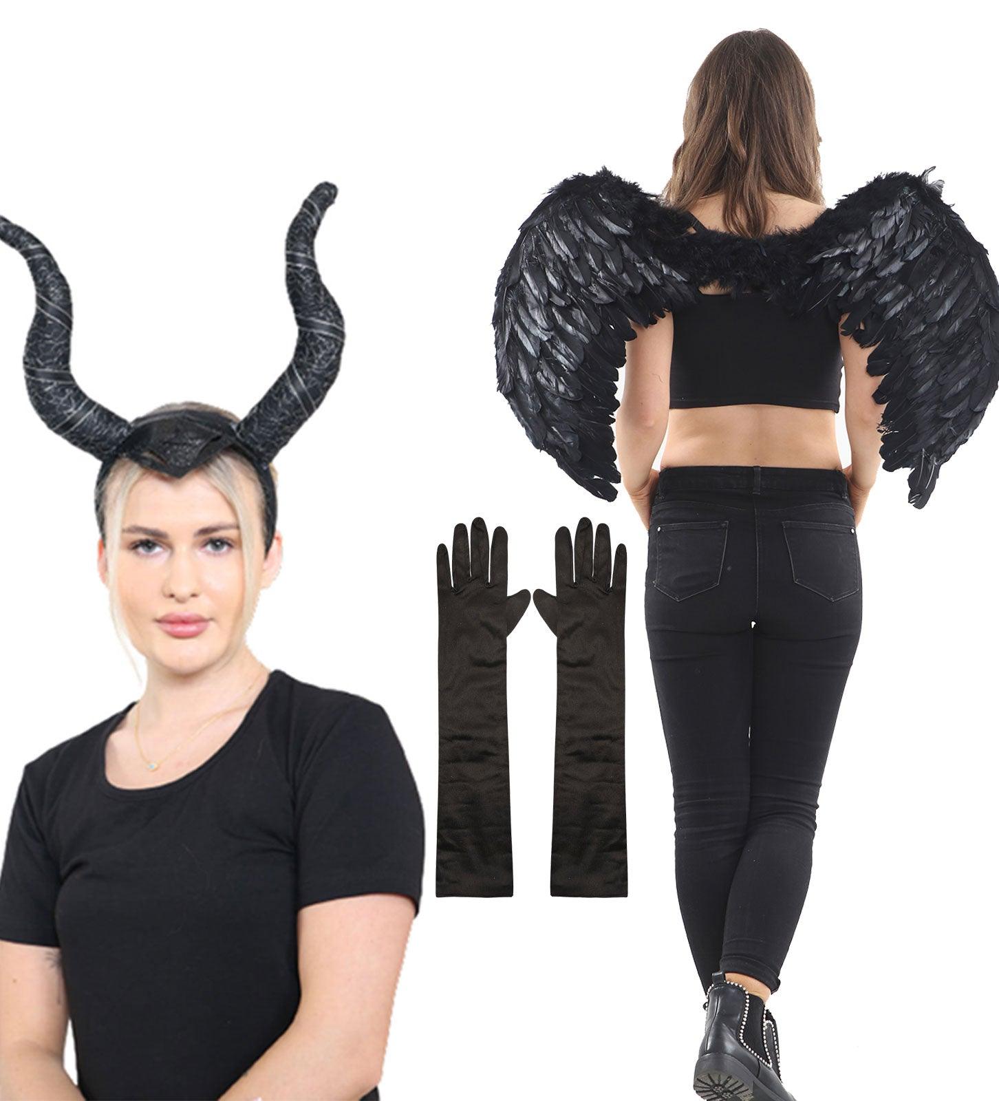 Elegant Fairytale Witch Horns Headband, Large Black Feather Wings & Long Satin Gloves Halloween Costume Set - Labreeze