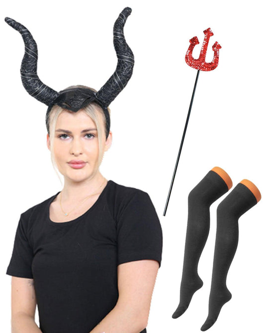 Enchanting Fairytale Witch Horns Headband, Red Sequin Fork & Black OTK Socks Halloween Costume Set - Labreeze