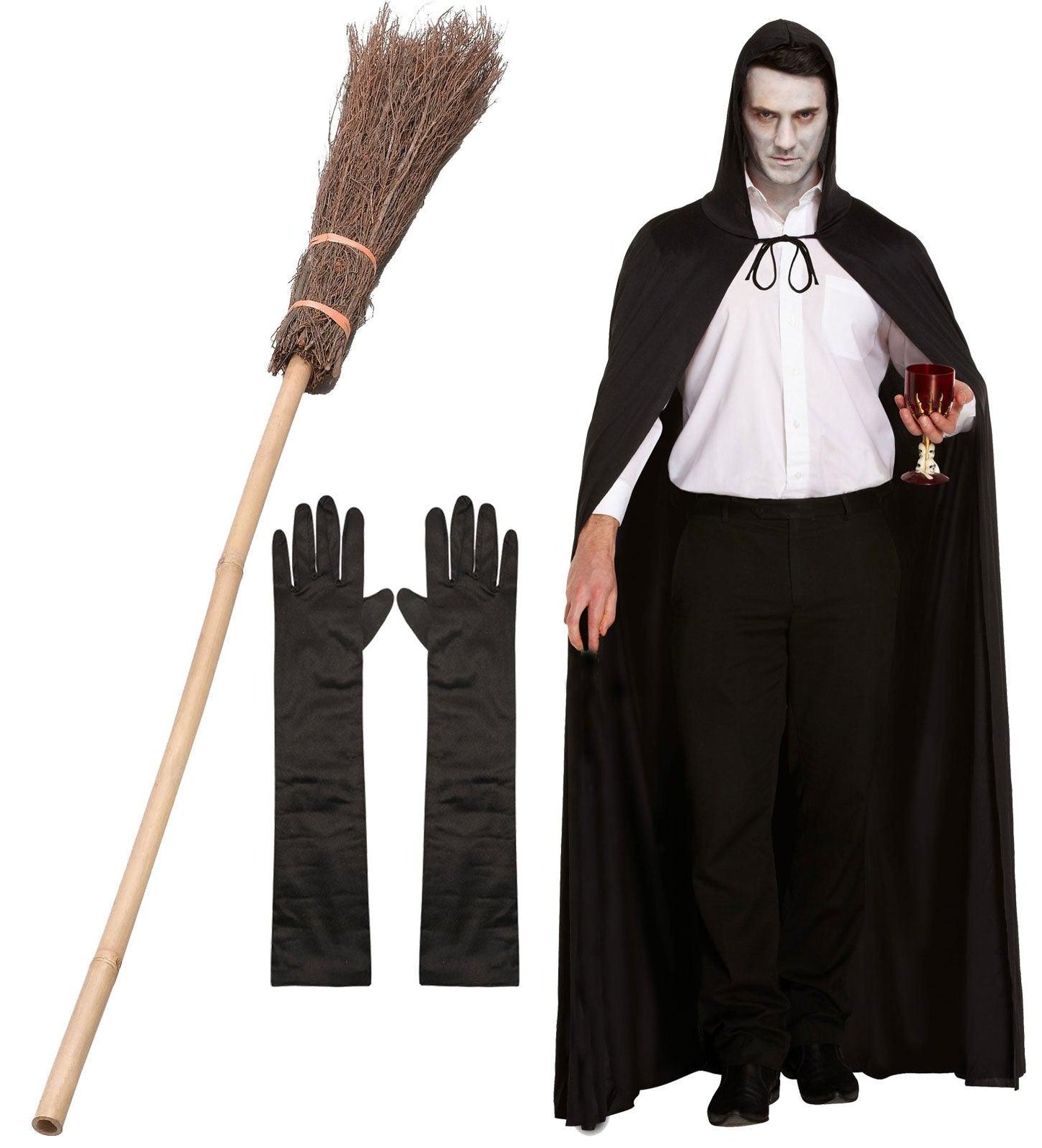 Enchanting Witch Costume Set: Black Hooded Cape, Witch Broom Stick, and Long Satin Gloves - Labreeze