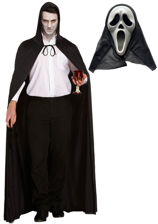 Enhanced: "Eerily Stylish Halloween Costume Set - Long Black Cape with Hood and Scream Ghost Killer Mask" - Labreeze