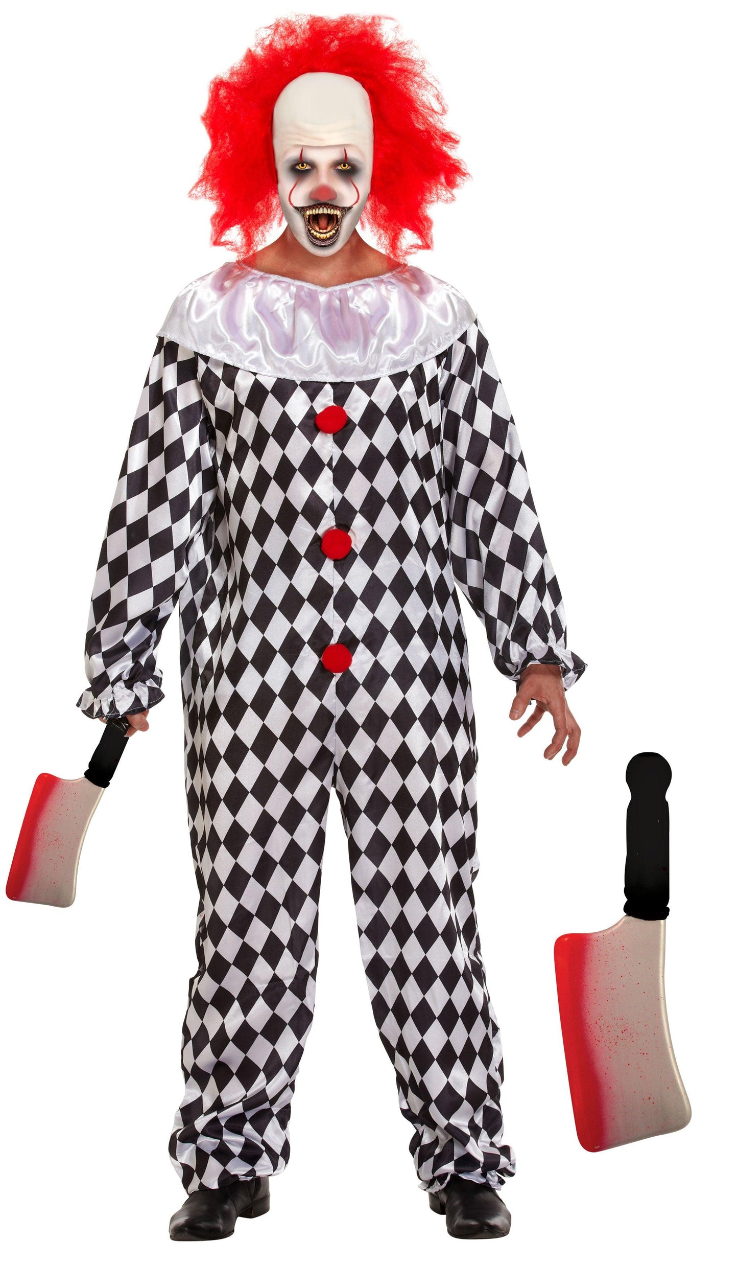 Evil Scary Clown Costume - Halloween Horror Circus Clown Costume with Fake Blooded Cleaver Weapon - Labreeze