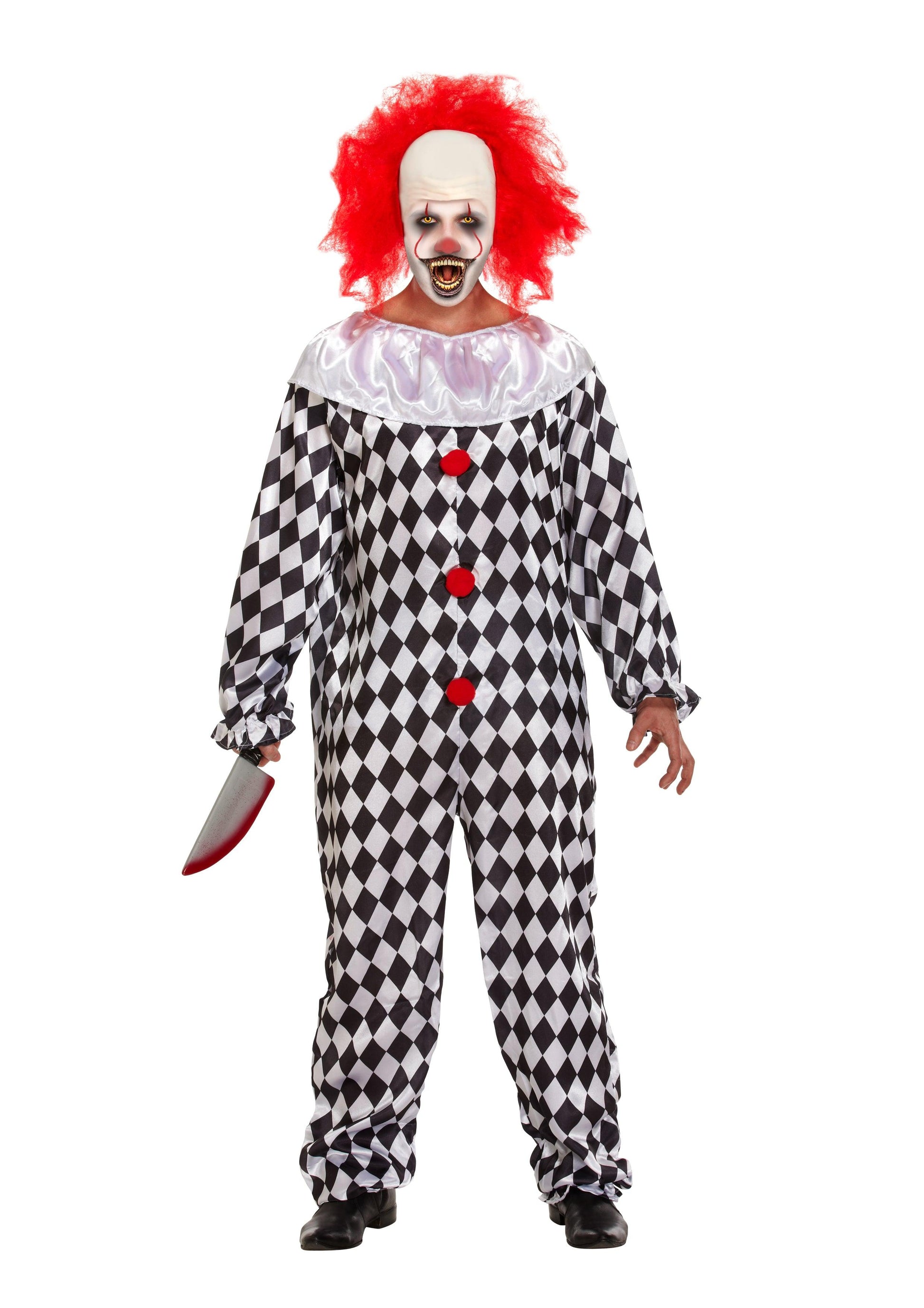 Evil Scary Clown Costume - Halloween Horror Circus Clown Costume with Fake Blooded Knife - Labreeze