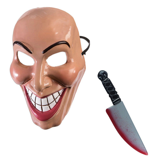 Female Evil Grin Purge Mask Blooded Plastic Knife Prop 38 Cm Halloween Horror Scary Purge Fancy Dress Set - Labreeze