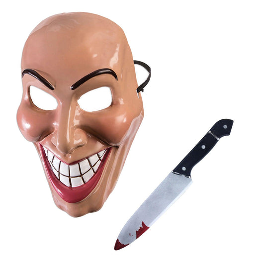 Female Evil Grin Purge Mask Creepy Smiling Face Mask Blood Splattered Plastic Knife 31 Cm Halloween Scary Purge Fancy Dress Set - Labreeze