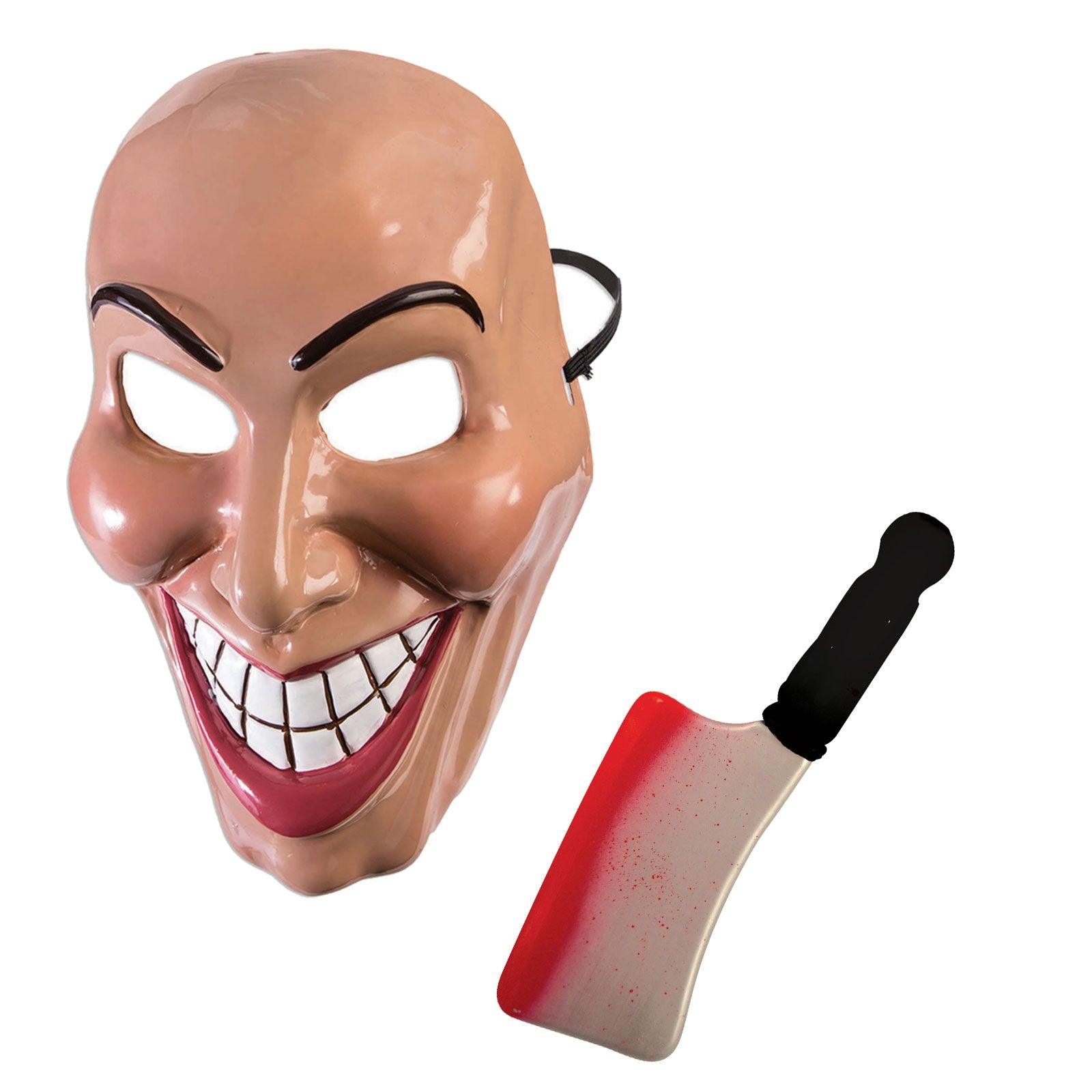 Female Evil Grin Purge Mask Creepy Smiling Face Mask with Blooded Cleaver Weapon Prop Halloween Scary Purge Fancy Dress Set - Labreeze