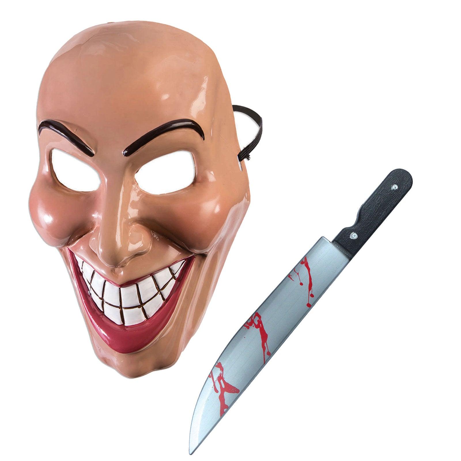 Female Evil Grin Purge Mask Fake Blooded Plastic Kitchen Knife 50 Cm Halloween Horror Scary Purge Fancy Dress Set - Labreeze