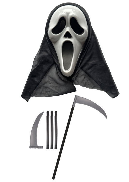 Ghost Killer Mask, Hooded Scream Mask, and 110cm Plastic Scythe Prop - Halloween Horror Grim Reaper Fancy Dress Set - Labreeze