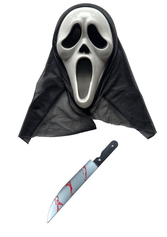 Ghost Killer Mask, Scream Mask with Hood, and 50cm Fake Blooded Kitchen Knife Prop - Halloween Horror Fancy Dress Set - Labreeze