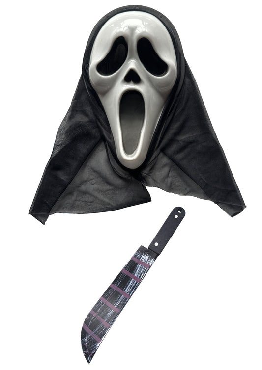 Ghost Killer Mask, Scream Mask with Hood, and 50cm Fake Blooded Machete Prop - Halloween Horror Ghost Fancy Dress Set - Labreeze