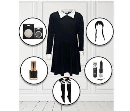 GOTHIC GIRL PLAIN COSTUME WITH PLAIN SWING DRESS BLACK POLISH LIPSTICK  FACE PAINT WIG AND ANKLE. FRILL SOCKS - Labreeze