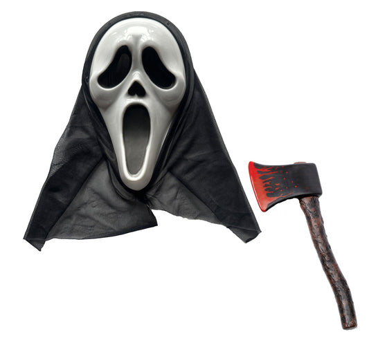 Hooded Scream Mask Ghost Killer Face Mask with Fake Blooded Axe - Halloween Horror Fancy Dress Set - Labreeze