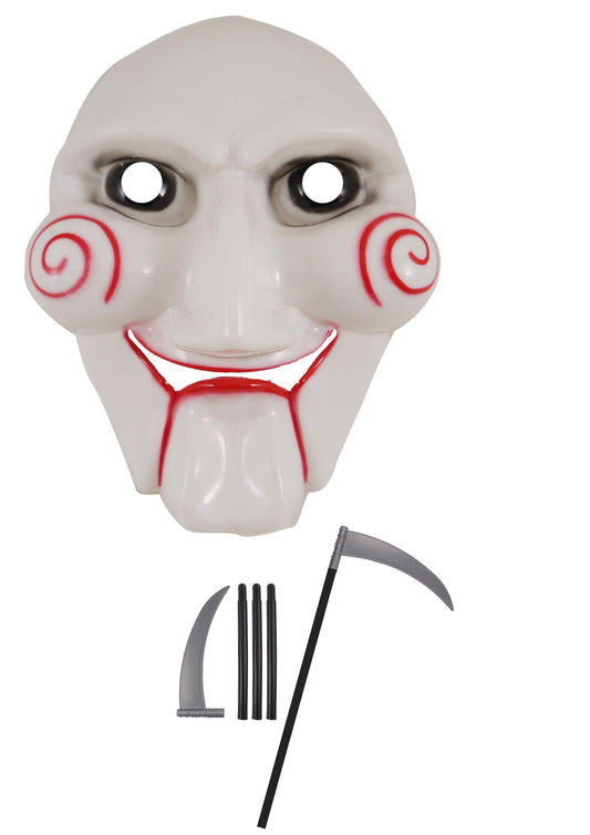 Horror Clown Costume Set: Puppet Scary Jigsaw Face Mask and 110cm Fake Grim Reaper Scythe - Labreeze