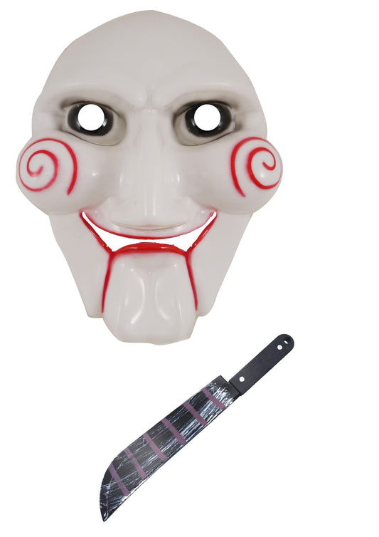 Horror Clown Costume Set: Puppet Scary Jigsaw Face Mask and 50cm Fake Blooded Machete - Labreeze