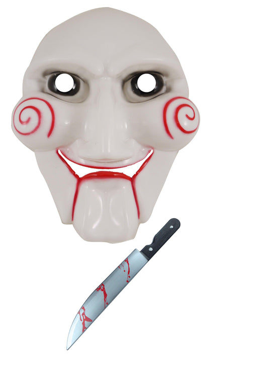 Horror Clown Costume Set: Puppet Scary Jigsaw Face Mask and 50cm Fake Blooded Plastic Long Knife - Labreeze