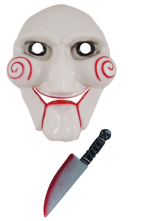 Horror Clown Costume Set: Scary Jigsaw Face Mask and 38cm Fake Blooded Plastic Knife - Labreeze