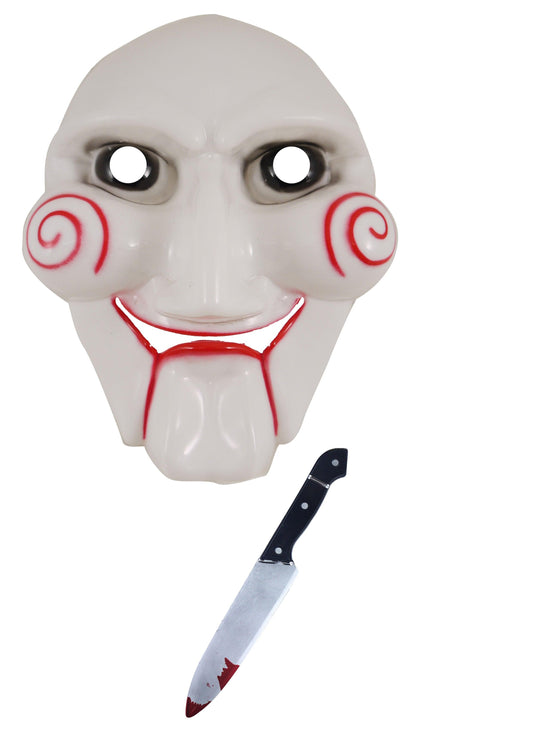 Horror Clown Costume Set: Scary Jigsaw Puppet Face Mask and 31cm Fake Blooded Knife Prop - Labreeze