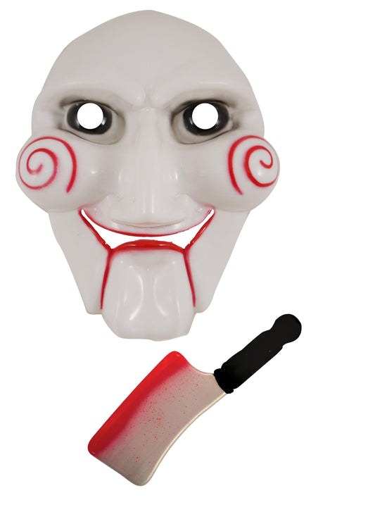 Horror Clown Costume Set: Scary Jigsaw Puppet Face Mask and Fake Blooded Cleaver Weapon Prop - Labreeze