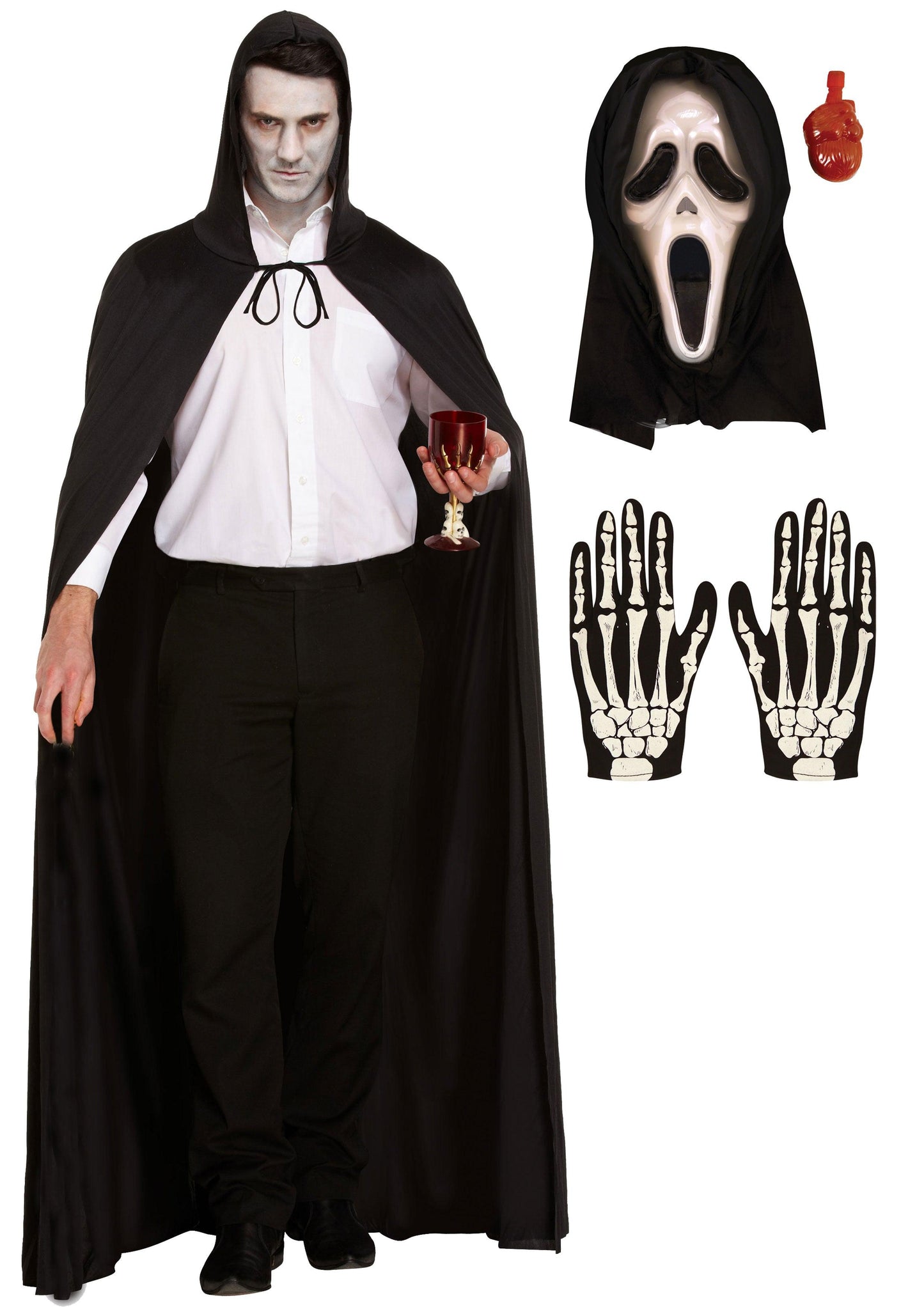 Horror Costume Set: Long Black Cape with Hood, Bleeding Scream Mask, and Adults Skeleton Gloves - Labreeze