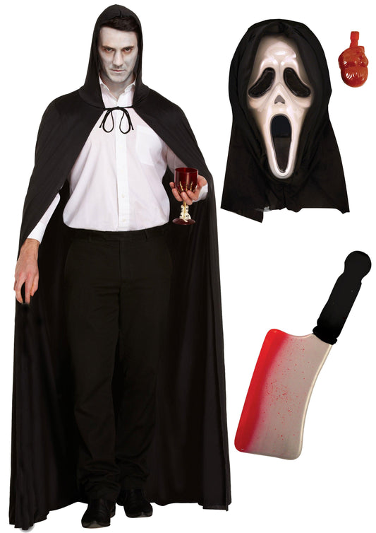 Horror Costume Set: Long Black Cape with Hood, Bleeding Scream Mask, and Fake Blooded Cleaver Weapon - Labreeze