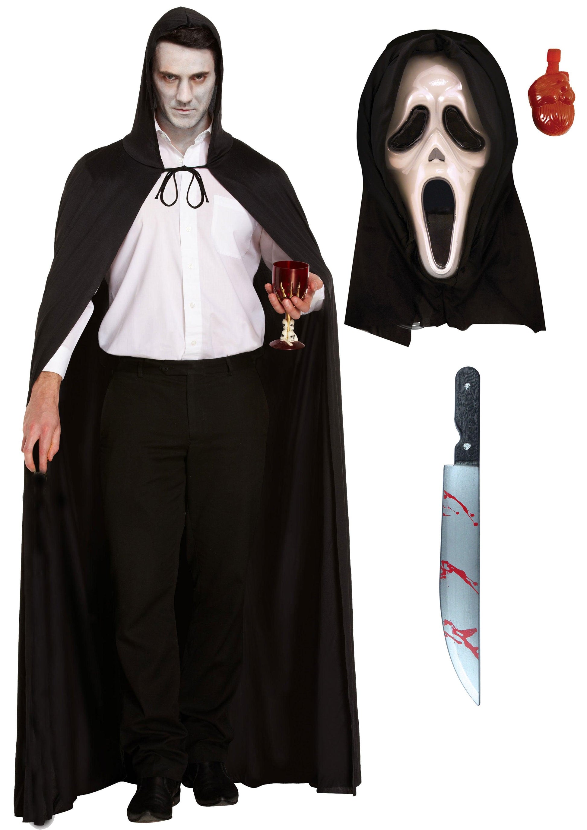 Horror Costume Set: Long Black Cape with Hood, Bleeding Scream Mask, and Fake Bloodied Kitchen Knife (50 cm) - Labreeze