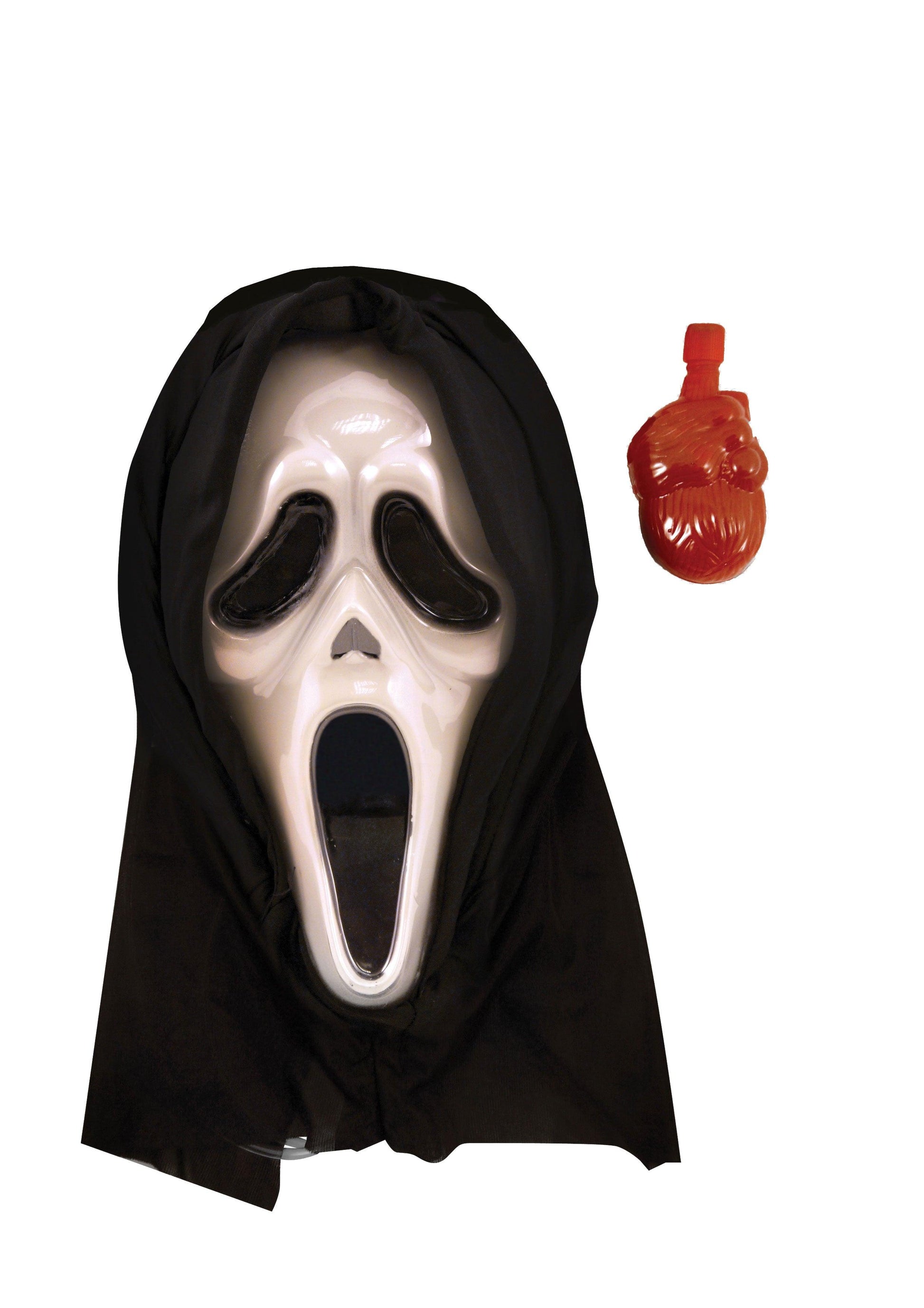 Horror Costume Set: Long Black Cape with Hood, Bleeding Scream Mask, and Fake Bloodied Kitchen Knife (50 cm) - Labreeze