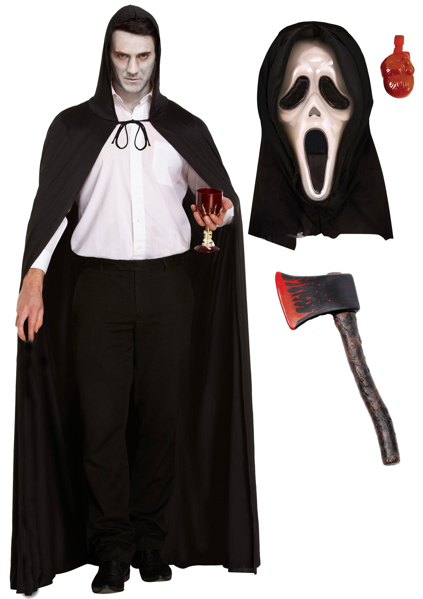 Horror Costume Set: Long Black Cape with Hood, Bleeding Scream Mask, and Fake Bloody Axe - Labreeze