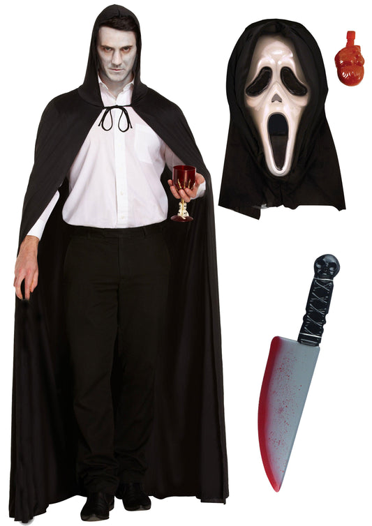 Horror Costume Set: Long Black Cape with Hood, Bleeding Scream Mask, and Fake Bloody Knife (38 cm) - Labreeze