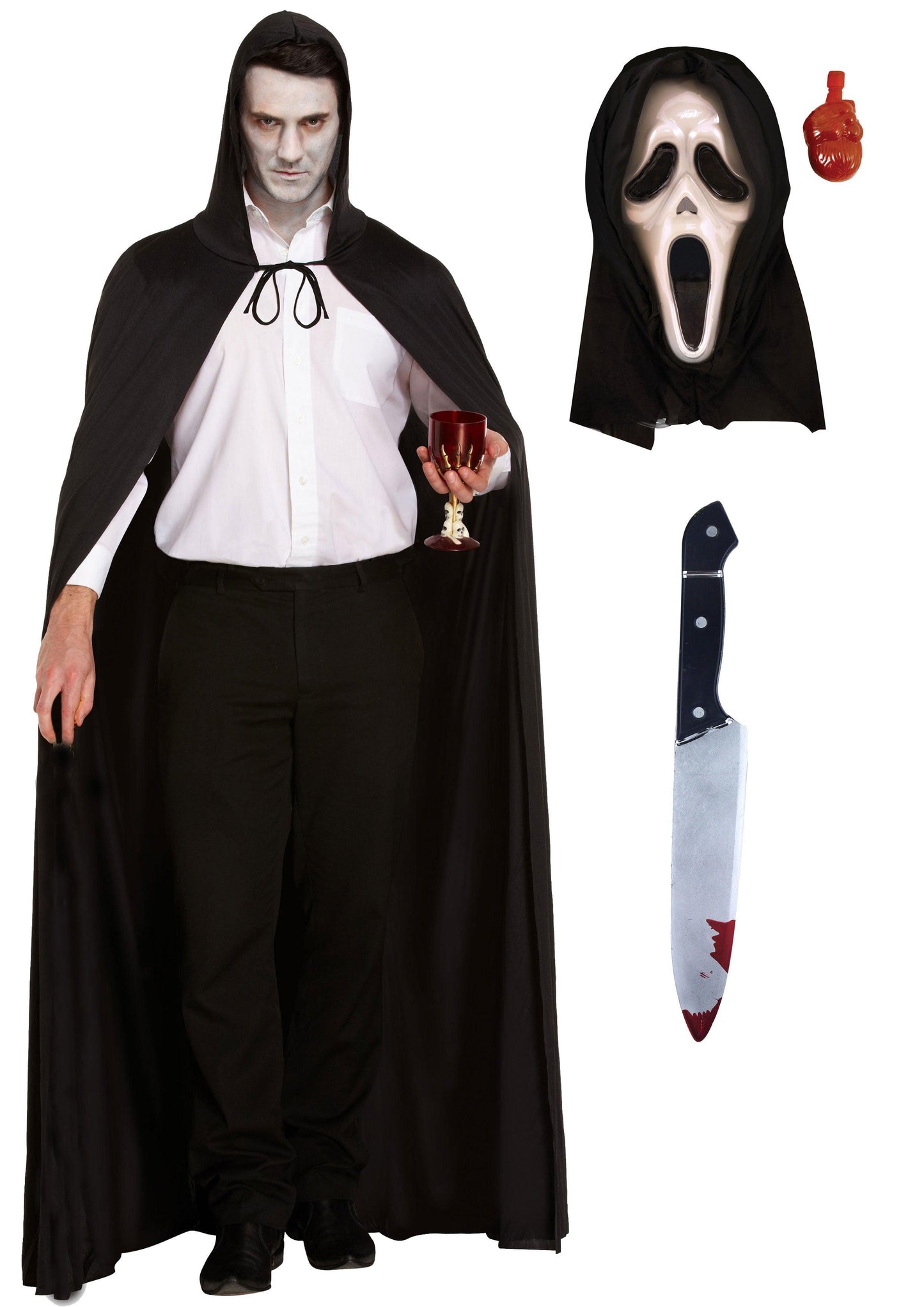 Horror Costume Set: Long Black Cape with Hood, Bleeding Scream Mask, and Fake Bloody Knife - Labreeze