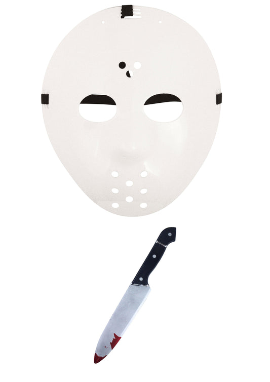 Horror Style Costume Set: Hockey Face Mask and 31cm White Fake Blooded Knife Weapon - Labreeze