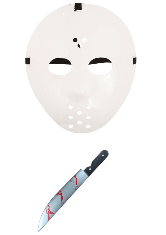 Horror Style Costume Set: Hockey Face Mask and 50cm White Plastic Fake Blooded Kitchen Knife - Labreeze