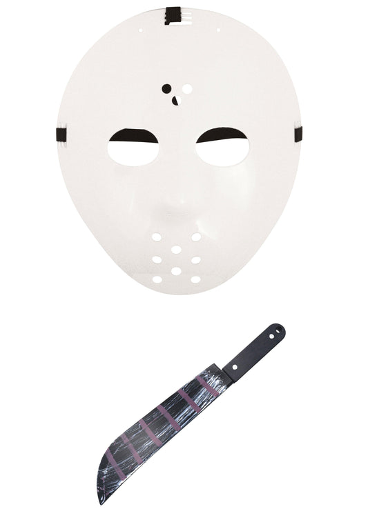 Horror Style Costume Set: Hockey Face Mask and 50cm White Plastic Fake Blooded Machete - Labreeze