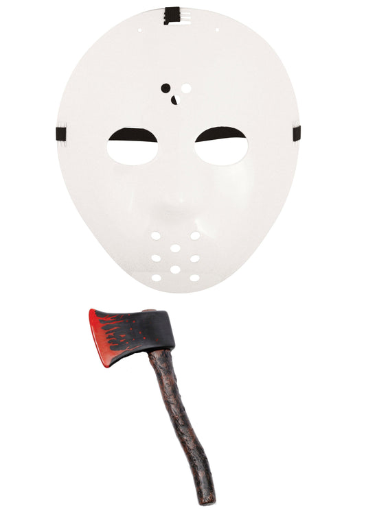 Horror Style Costume Set: Hockey Face Mask and White Fake Blooded Axe (Brown Prop) - Labreeze