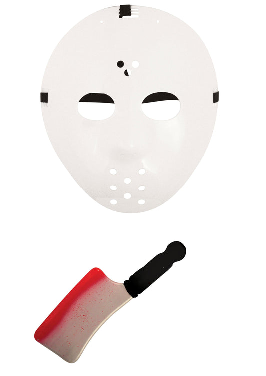 Horror Style Costume Set: Hockey Face Mask and White Fake Blooded Cleaver Weapon Prop - Labreeze