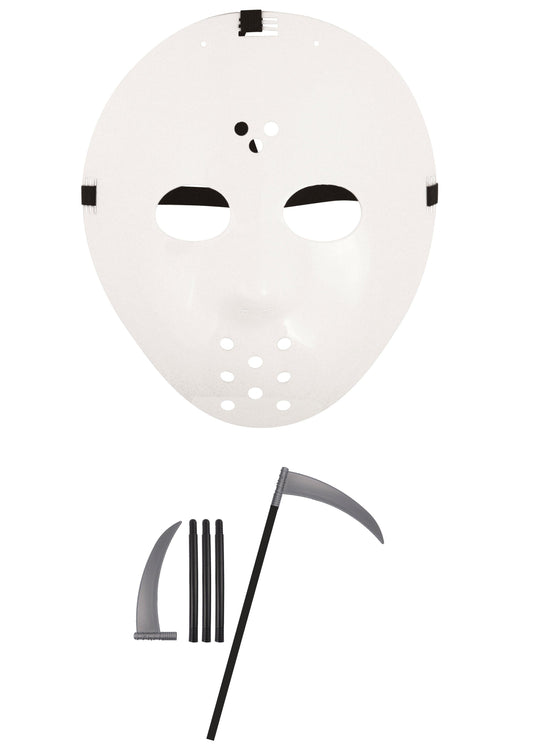 Horror Style Costume Set: Hockey Face Mask and White Plastic Fake Grim Reaper Scythe - Labreeze