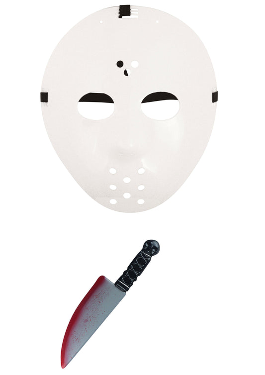 Horror Style Costume Set: White Hockey Face Mask and 38cm Fake Blooded Knife - Labreeze