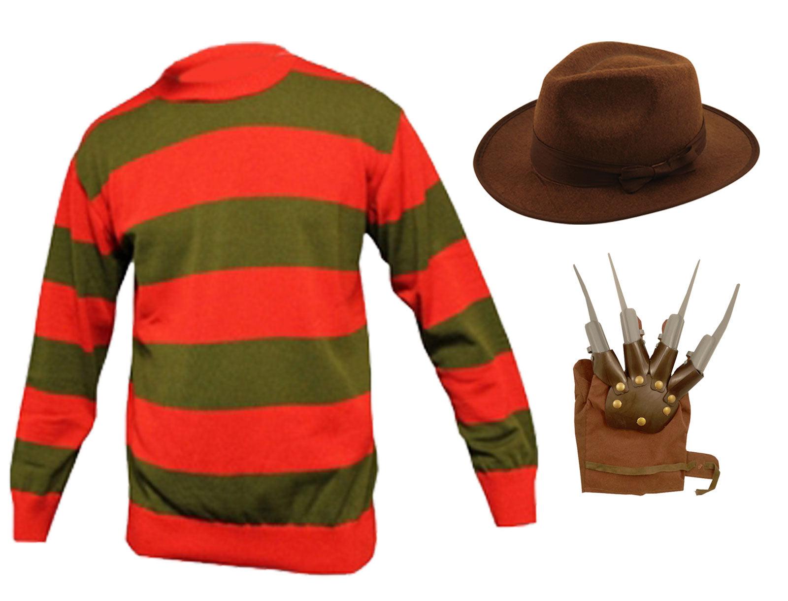 Kids Freddy Style Costume Set: Red Green Striped Jumper, Explorer Hat, and Claw Hand Glove - Labreeze