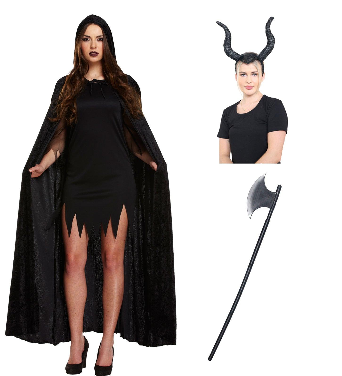 Labreeze Witch Costume Set | Velvet Cape, Horns Headband & Plastic Axe - Labreeze