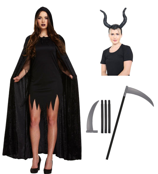 Labreeze Witch Costume Set | Velvet Cape, Horns Headband & Plastic Scythe - Labreeze