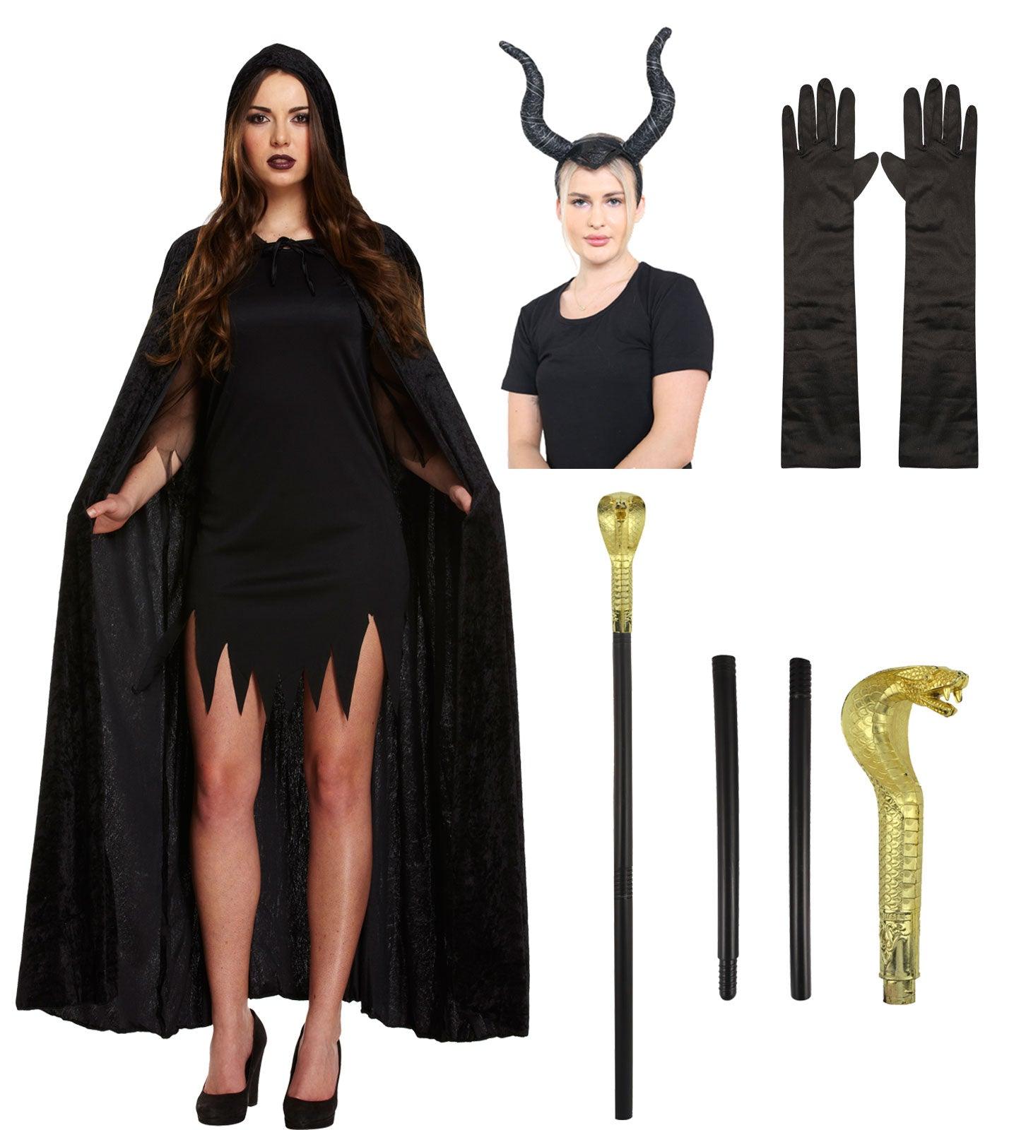 Labreeze Witch Costume Set | Velvet Cape, Horns, Snake Cane & Satin Gloves - Labreeze