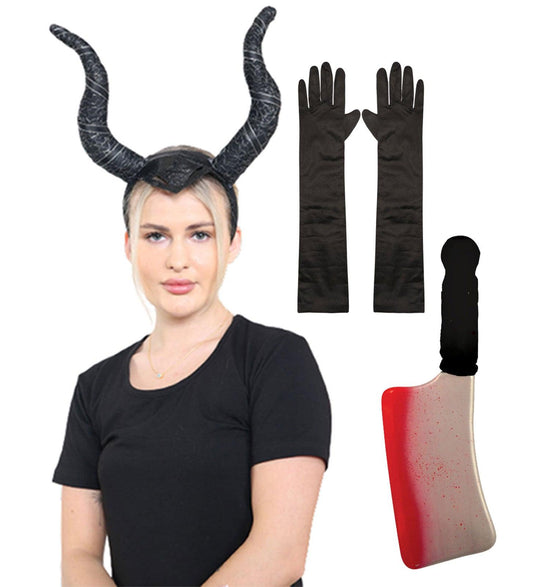 Labreeze Witch Costume Set | Witch Horns, Cleaver Weapon & Satin Gloves - Labreeze