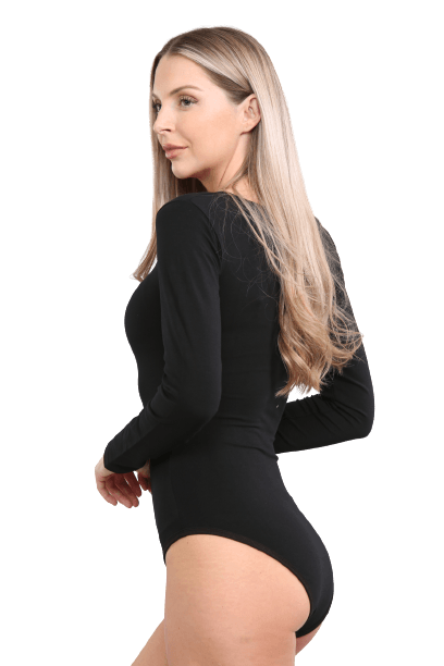 Ladies Black Round Neck Long Sleeve Viscose Leotard Ballet Dance Bodysuit - Labreeze